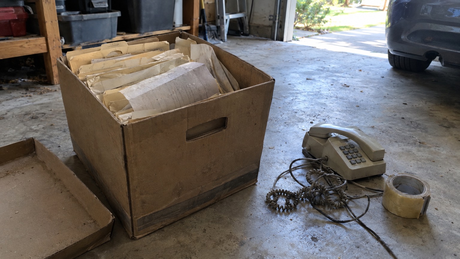 A dusty cardboard box of old paper files on a garage floor next to an old desk phone with a tangled cord