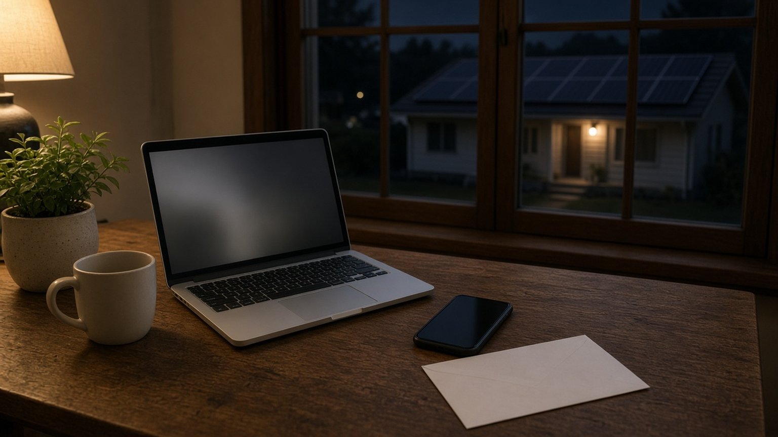 A laptop and a phone on a wooden kitchen table at night, with solar panels on a house seen through the window