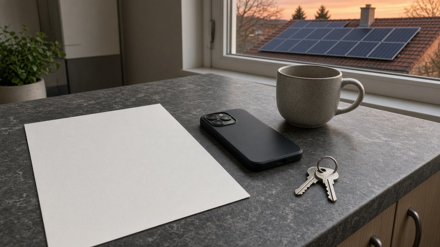 A blank sheet of paper, a phone, and house keys on a kitchen counter at sunset, with solar panels on a roof outside