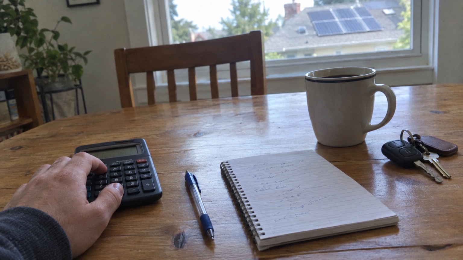 A hand on a calculator at a kitchen table with a notepad, and solar panels on a neighbor's roof through the window