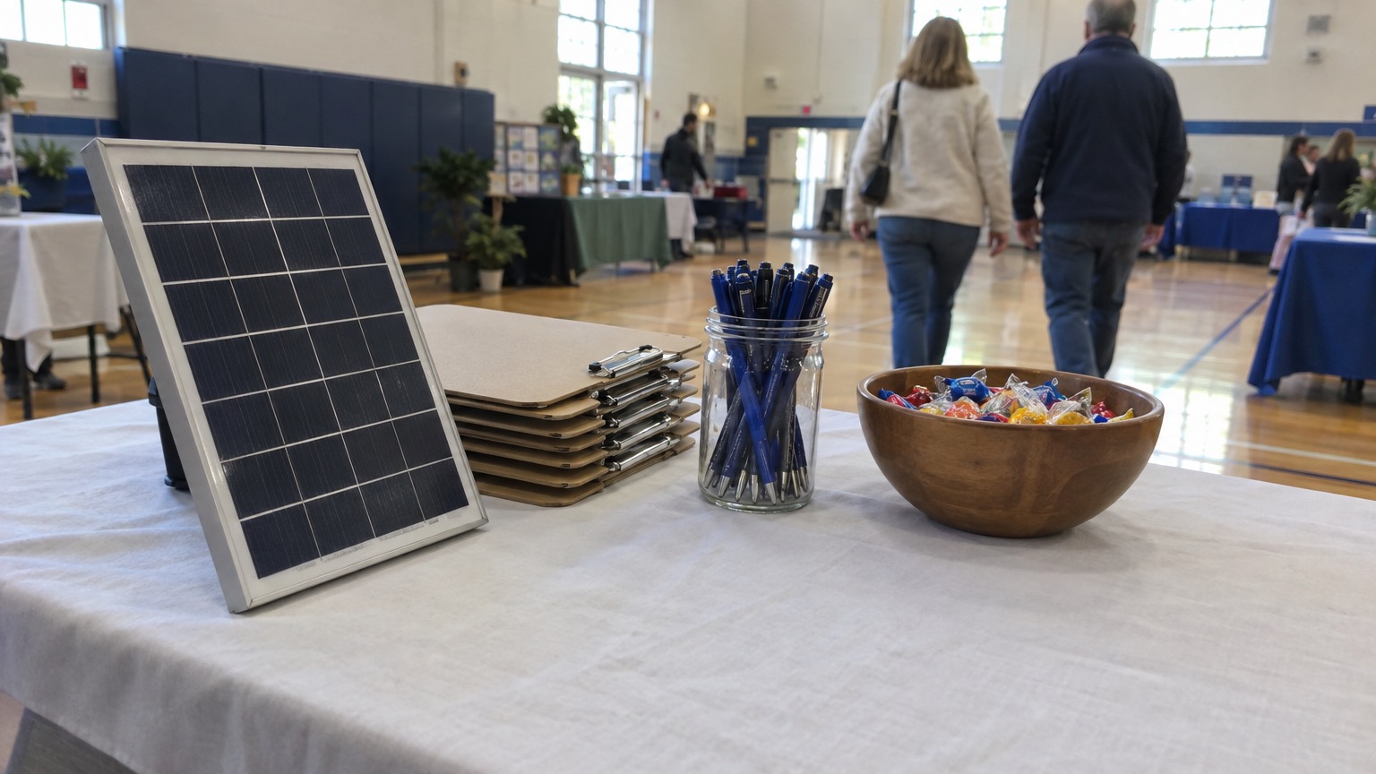 A folding table at a neighborhood home show with a small demo solar panel, clipboards and a jar of pens, two homeowners walking past