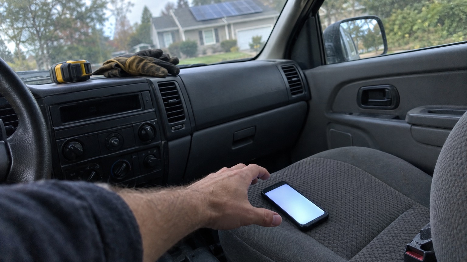A phone lit up on the passenger seat of a work truck with a hand reaching for it, a house with solar panels through the windshield